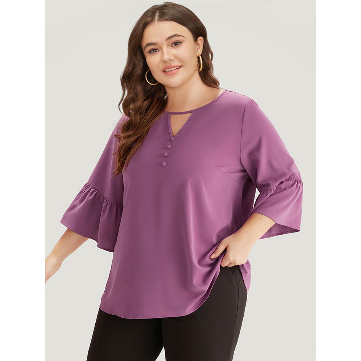 Plus Size Mauve Plain Keyhole Bell Sleeve Button Detail Blouse Women Office Elbow-length sleeve V-neck Office Blouses BloomChic 30/6X Product Image