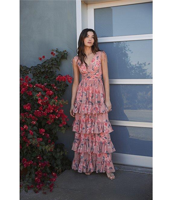 Mac Duggal Double V-Neck Sleeveless Floral Chiffon Tiered Ruffle A-Line Gown Product Image