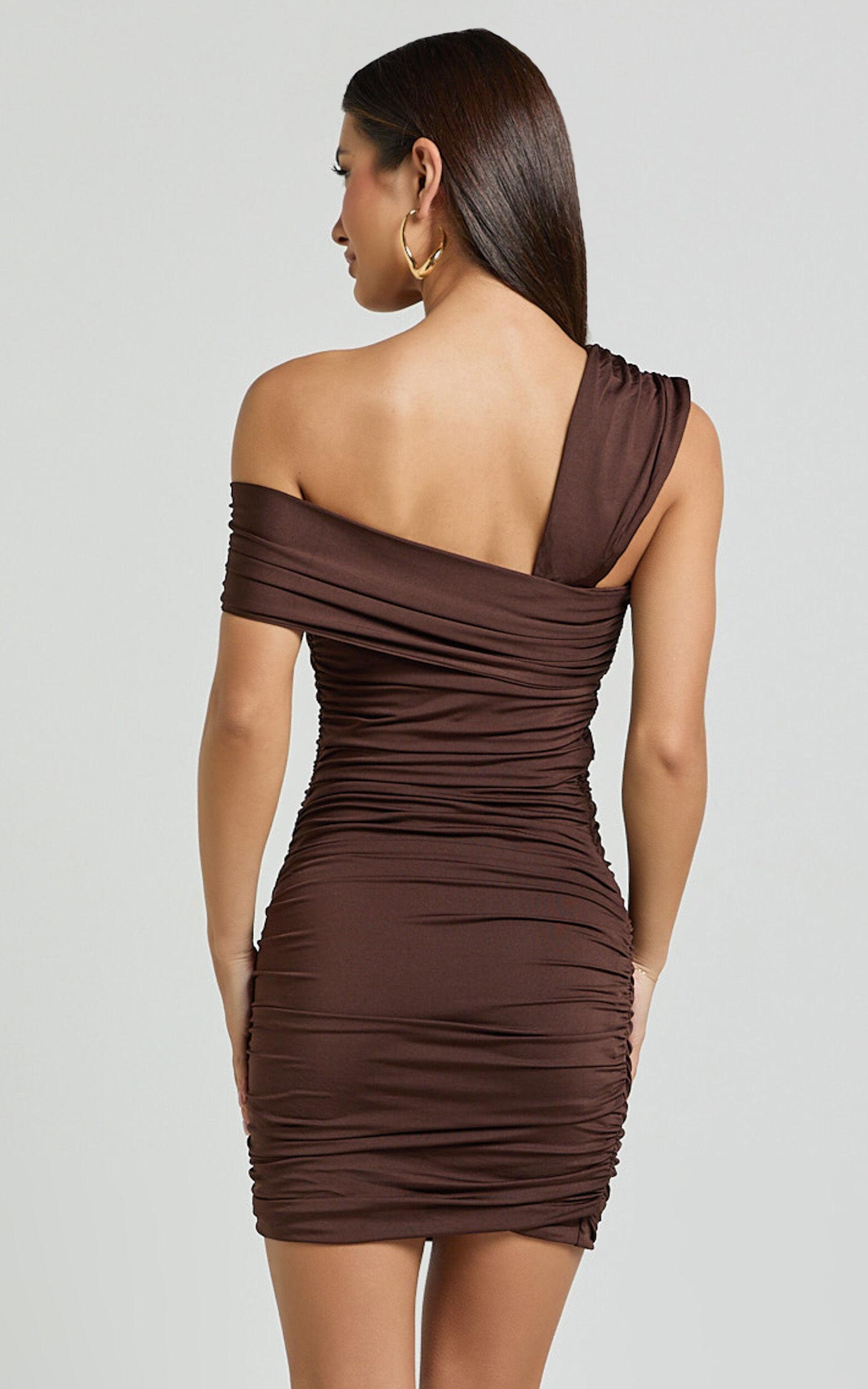 Meadow Mini Dress - Asymmetrical Off Shoulder Jersey Ruched Dress in Chocolate Product Image