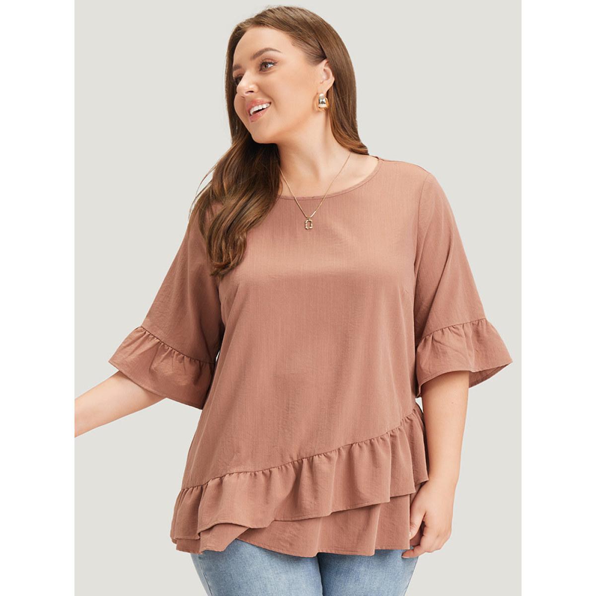 Plus Size Rouge Solid Bell Sleeve Ruffle Layered Blouse Women Elegant Half Sleeve Round Neck Dailywear Blouses BloomChic 10/M Product Image