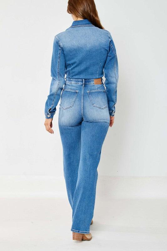 88719   Calista Hi-Rise Long Sleeve Slim Straight Leg Jumpsuit by Judy Blue Jeans Product Image