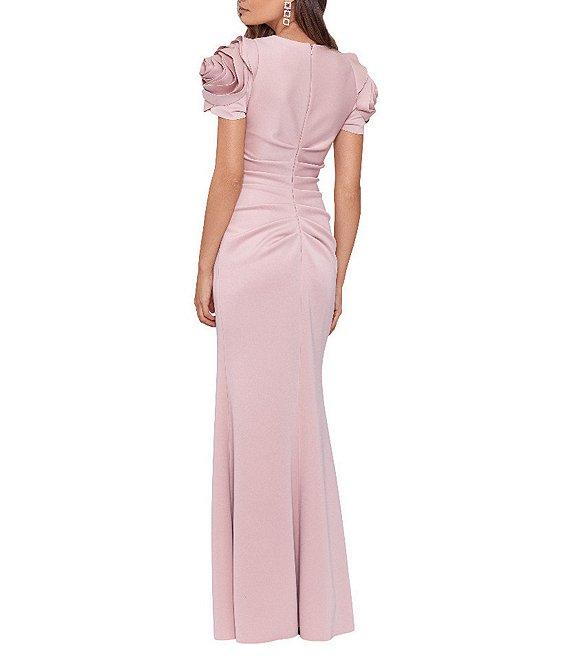 Xscape Rosette Short Sleeve Ruched Back Sheath Gown Product Image