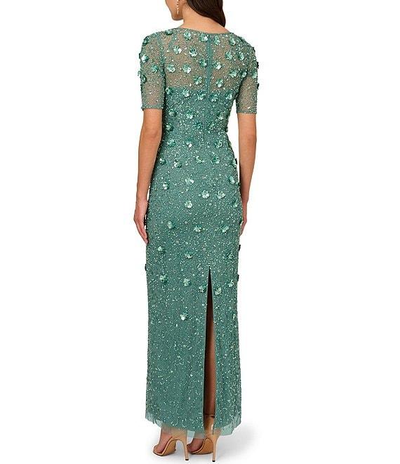 Adrianna Papell Floral Beaded Mesh Round Neck Short Sleeve Gown Product Image