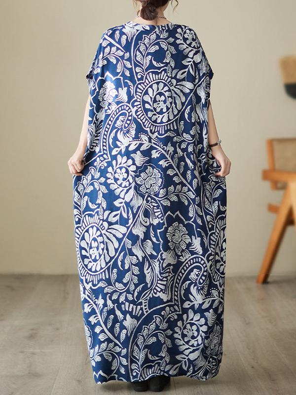 Loose Short Sleeves Printed V-Neck Maxi Dresses Product Image