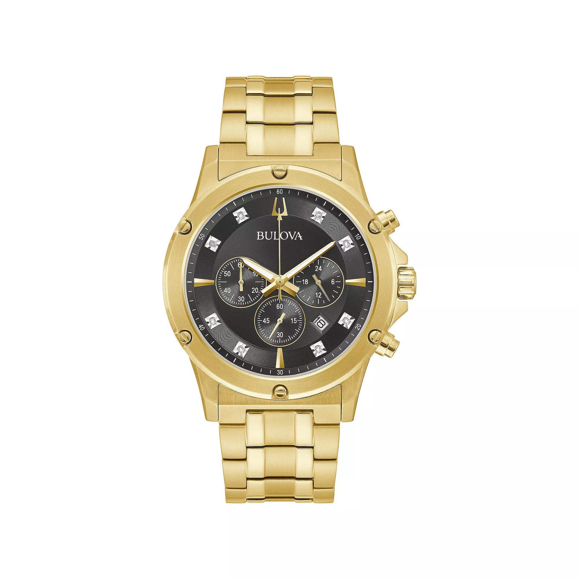 Bulova Mens Classic Gold Tone Stainless Steel Chronograph Diamond Accent Bracelet Watch - 97D126 Product Image