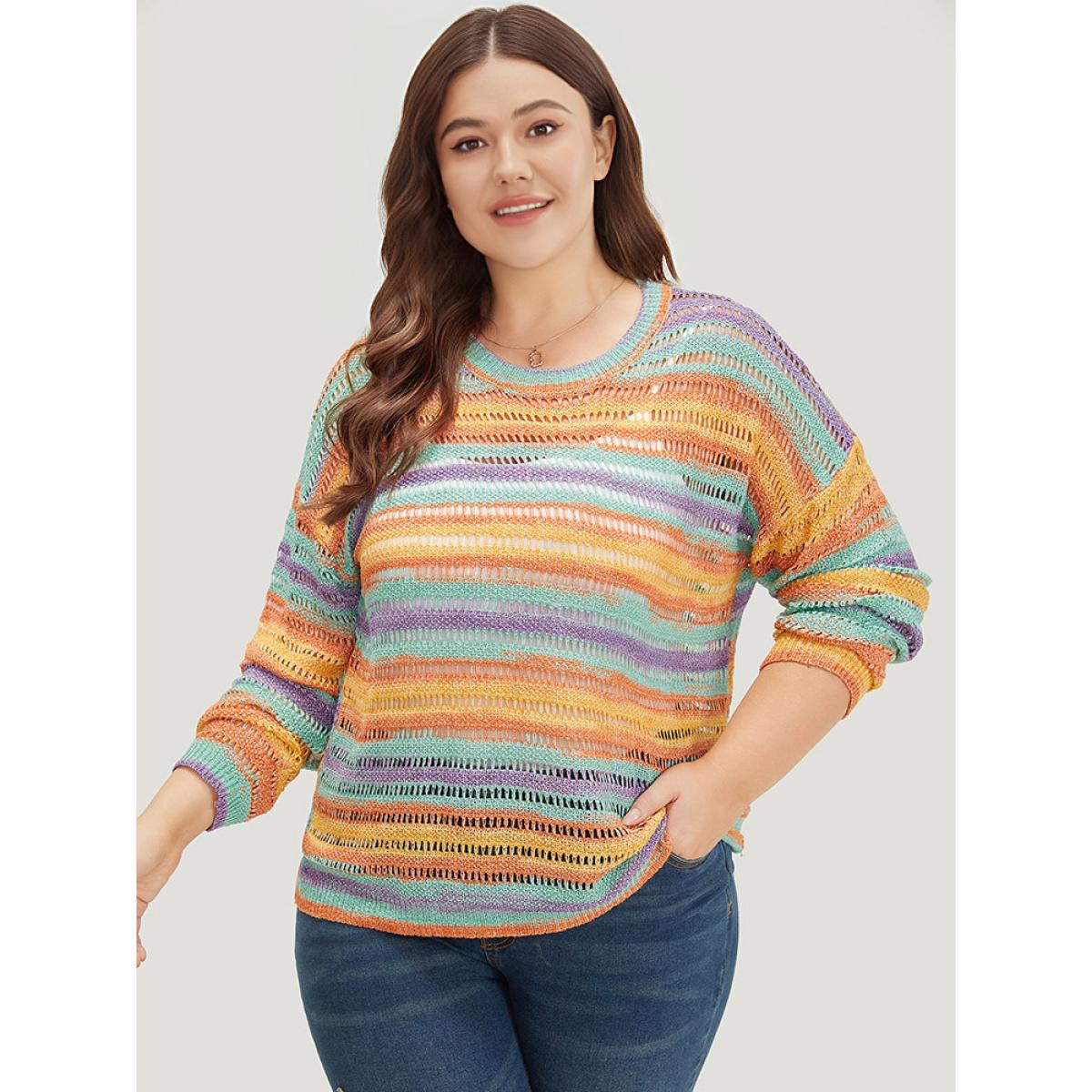 Plus Size Contrast Striped Cut Out Ombre Pullover Multicolor Women Casual Loose Long Sleeve Round Neck Everyday Pullovers BloomChic 28/5X Product Image