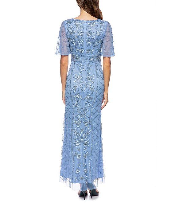 Marina Short Sleeve V-Neck Beaded Chiffon Dress Product Image