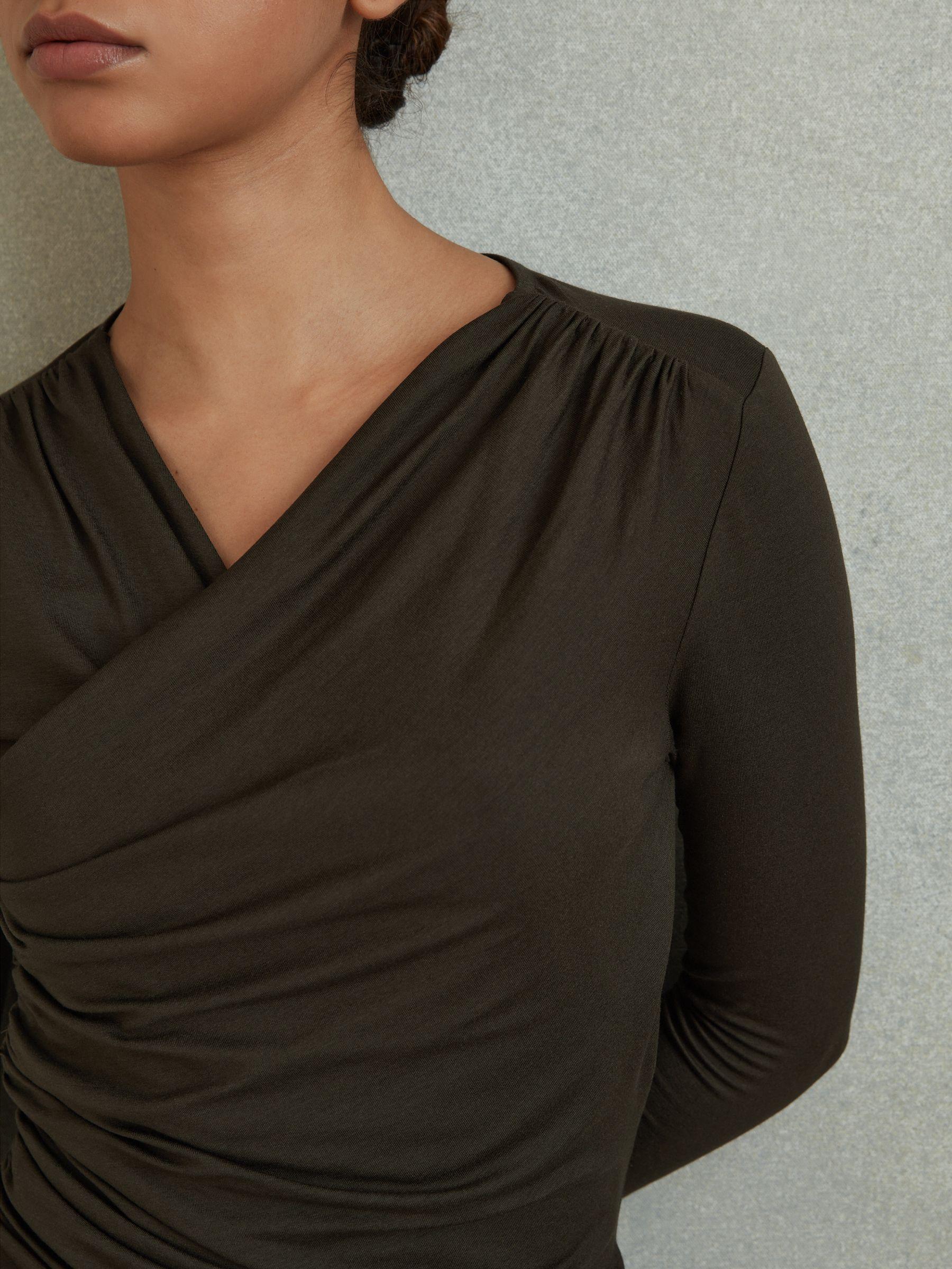 Wrap Front Ruched Jersey Mini Dress in Khaki Product Image