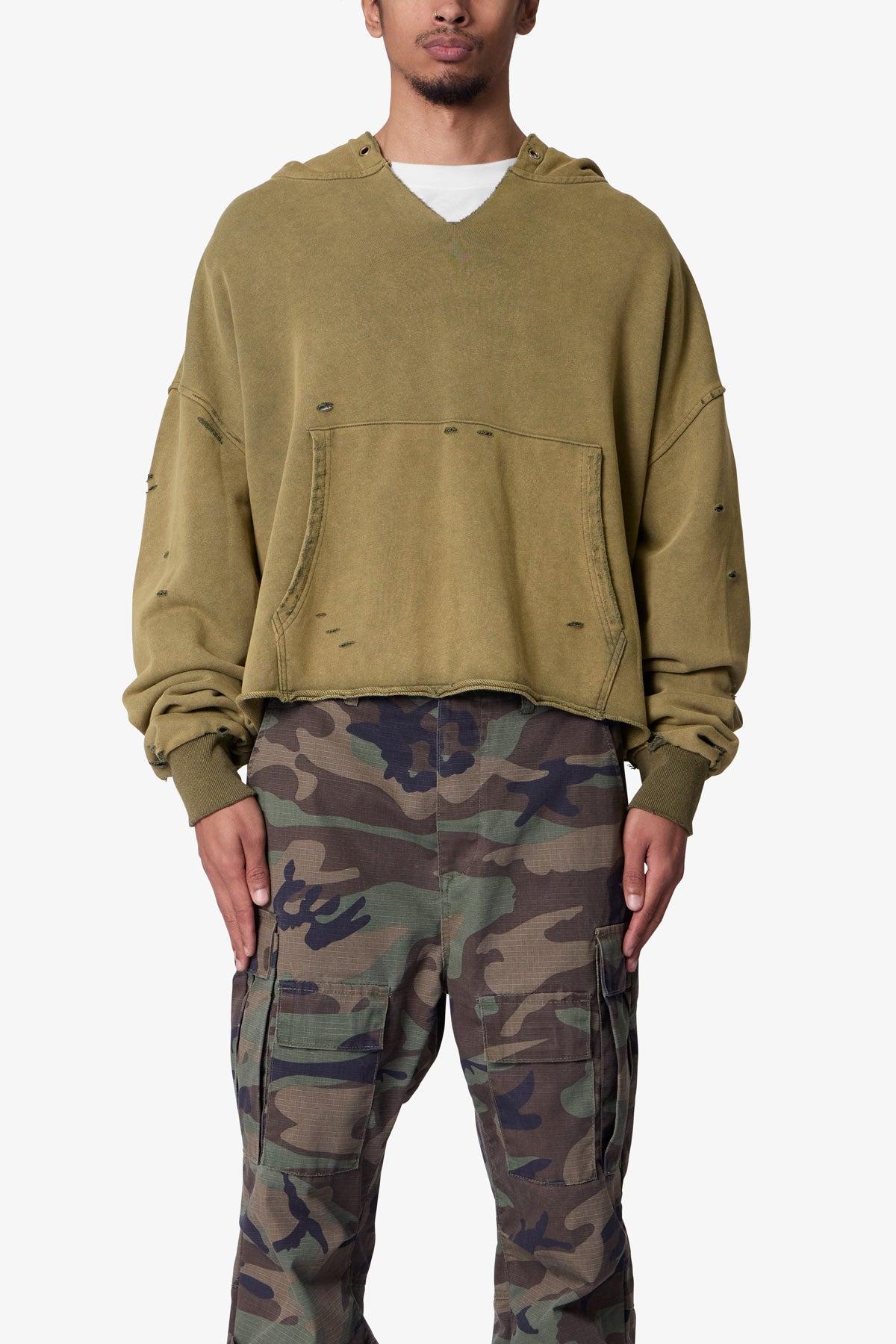 Destroyed V Neck Hoodie - Washed Olive Product Image