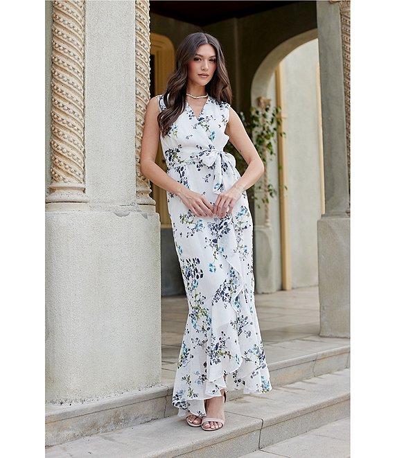 Moda Tara Sleeveless Floral Chiffon Ruffled Faux Wrap Maxi Dress Product Image