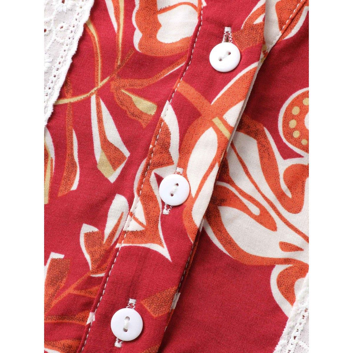 Plus Size Floral Lace Trim Button Front Midi Dress Raspberry Women Flat collar with V-notch Elbow-length sleeve Curvy BloomChic 22-24/3X Product Image