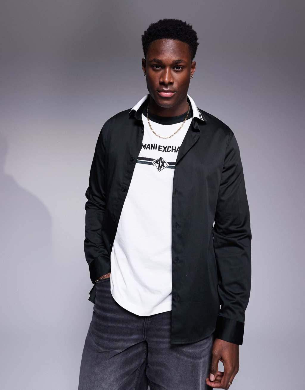 Armani Exchange shirt with contrast stripe collar in black Product Image