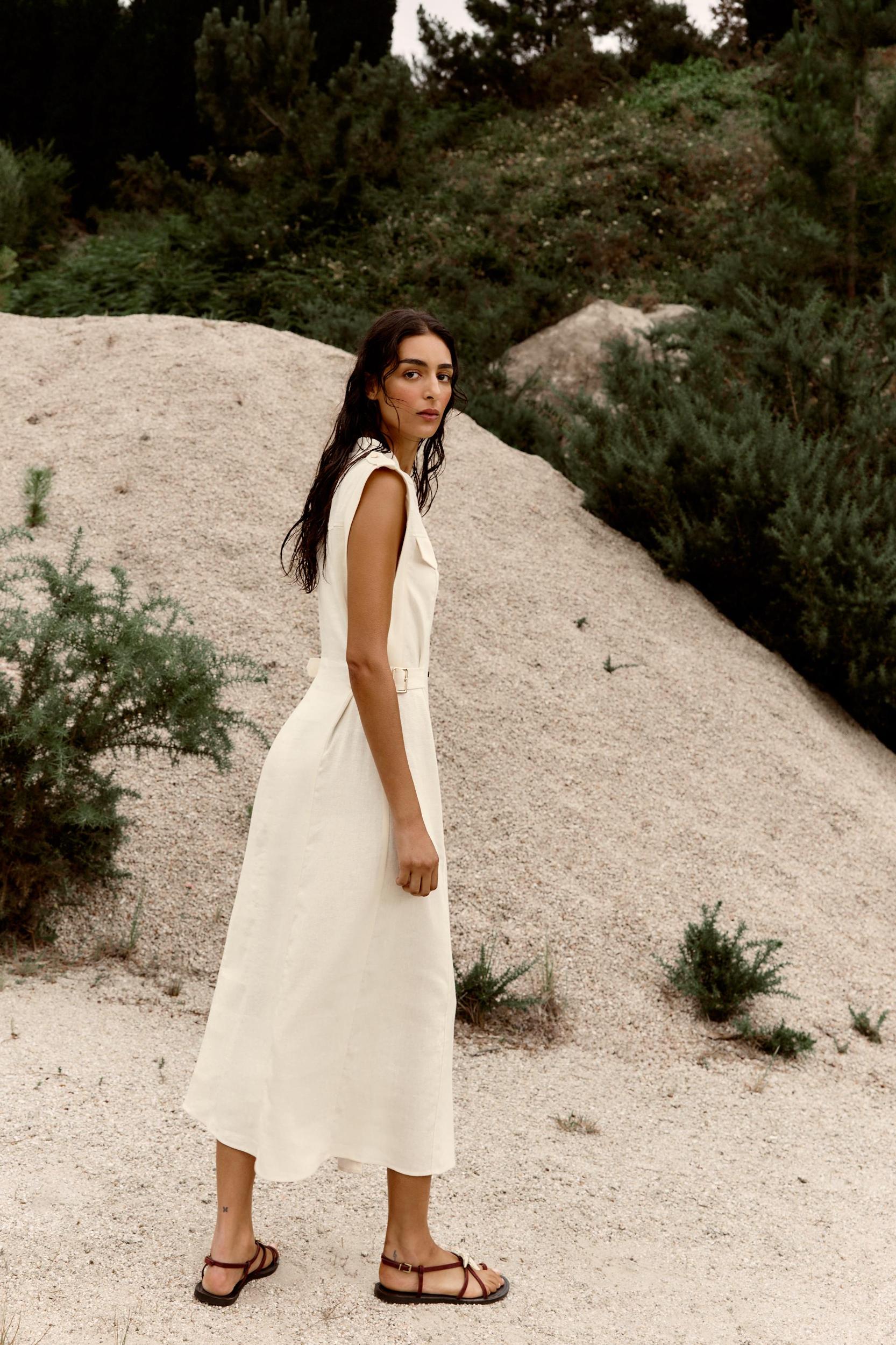 LINEN MIDI DRESS WITH BELT LOOPS Product Image