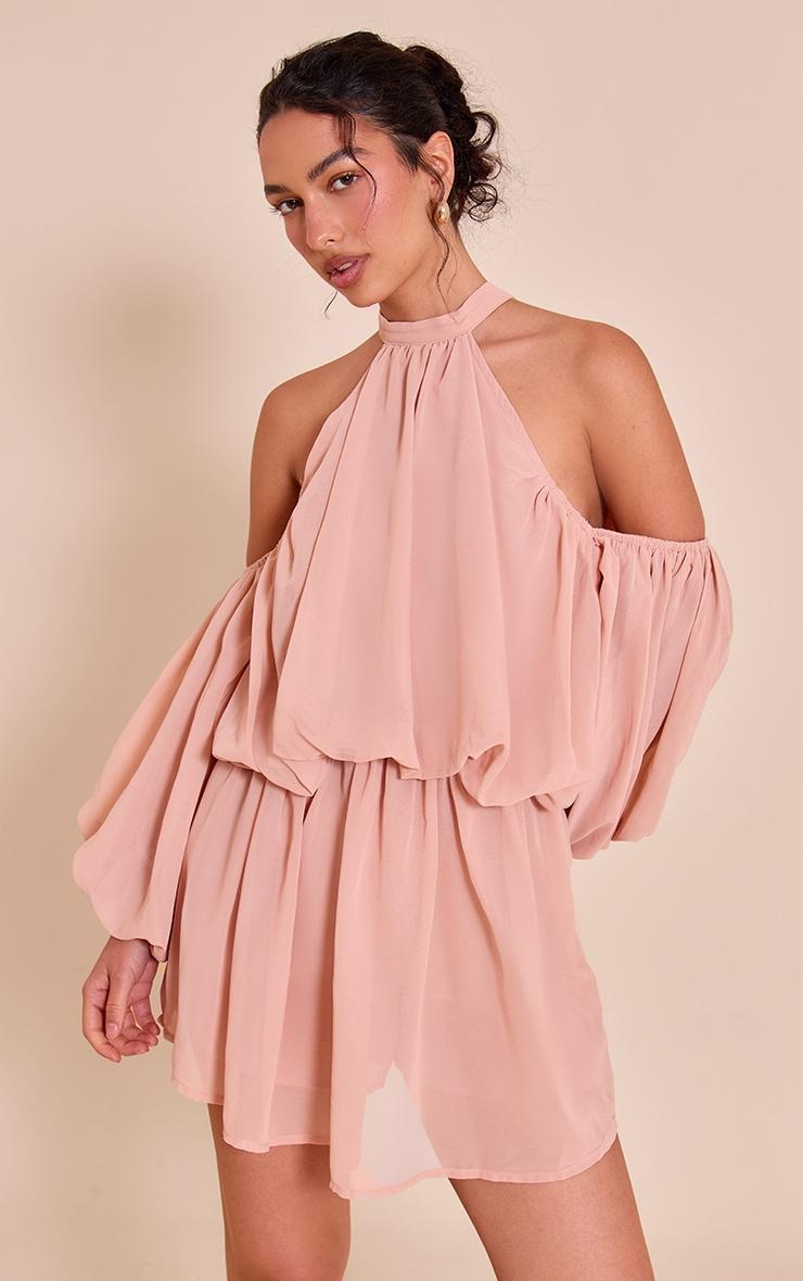 Pale Rose Chiffon Ruffle Off Shoulder Romper Product Image