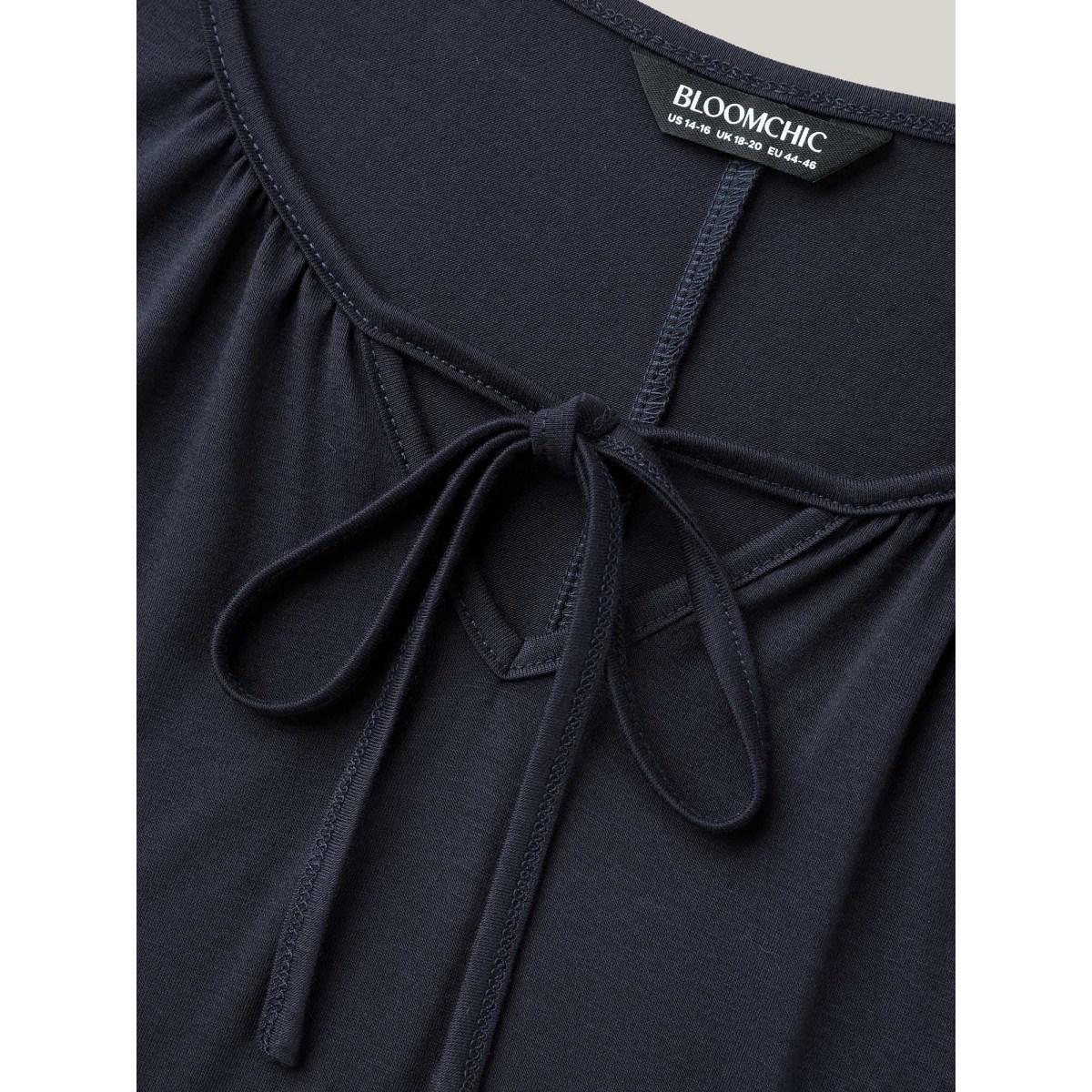 Plus Size Dual-Tone Lace Neck Tie Relaxed T-Shirt Indigo Women Elegant Tie knot V-neck Loose Everyday T-shirts BloomChic 18-20/2X Product Image