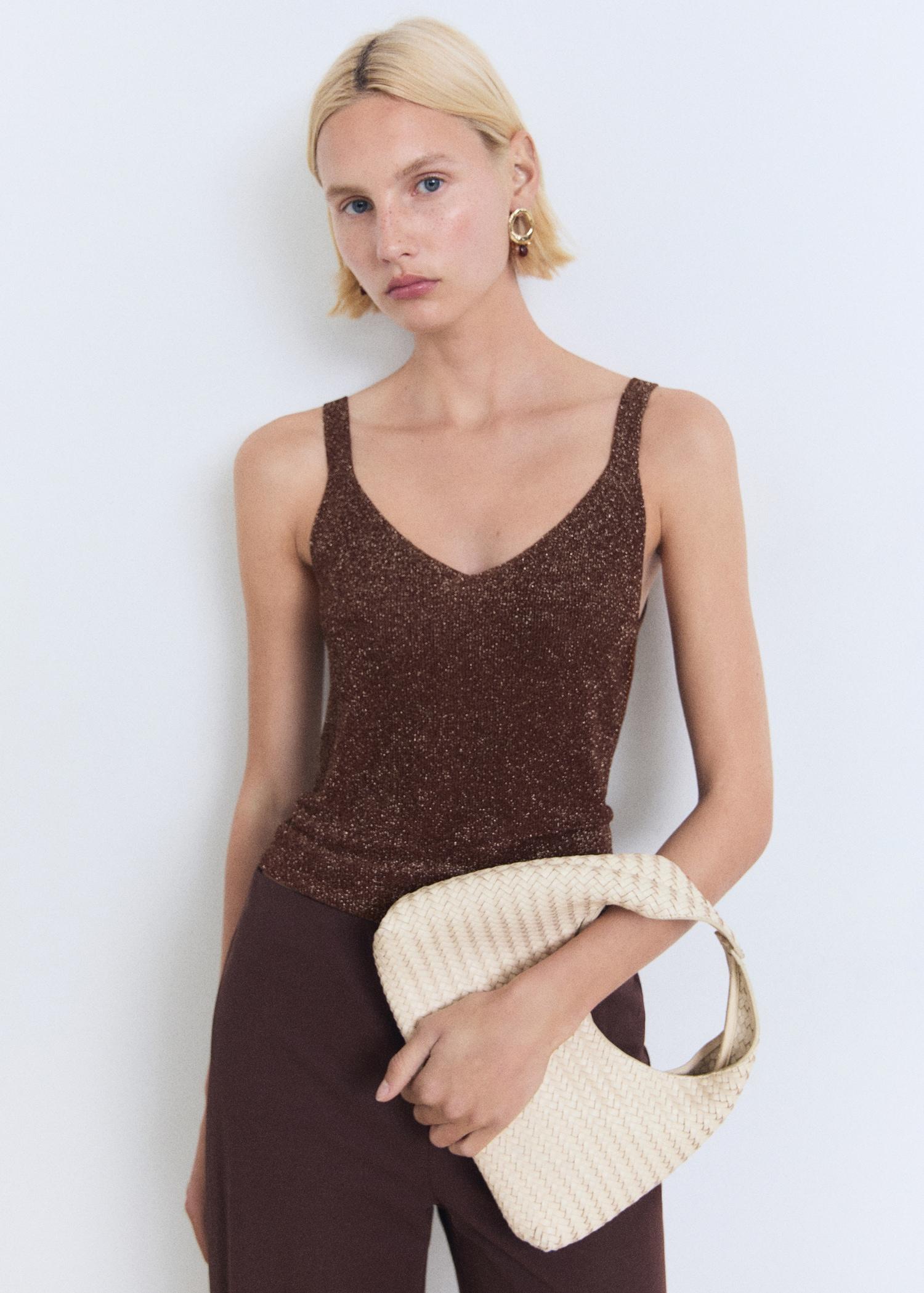 Lurex knitted V-neck top - Women | MANGO USA Product Image