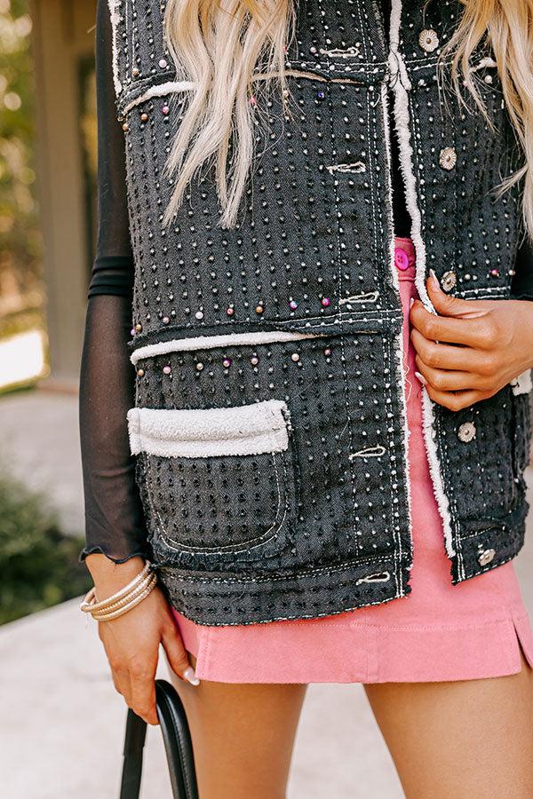 Denver Dreams Pearl Embellished Denim Vest in Black Product Image
