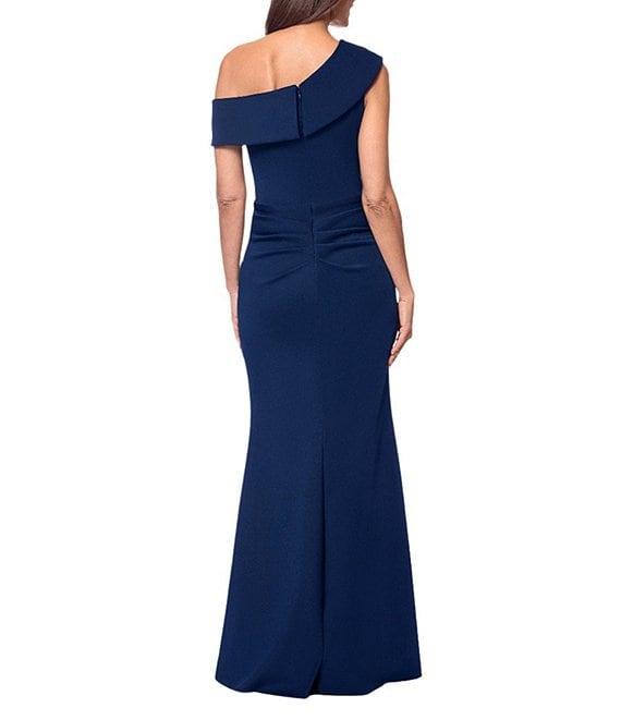 Xscape Scuba One Shoulder Neck Sleeveless Ruched Front Drape Gown Product Image