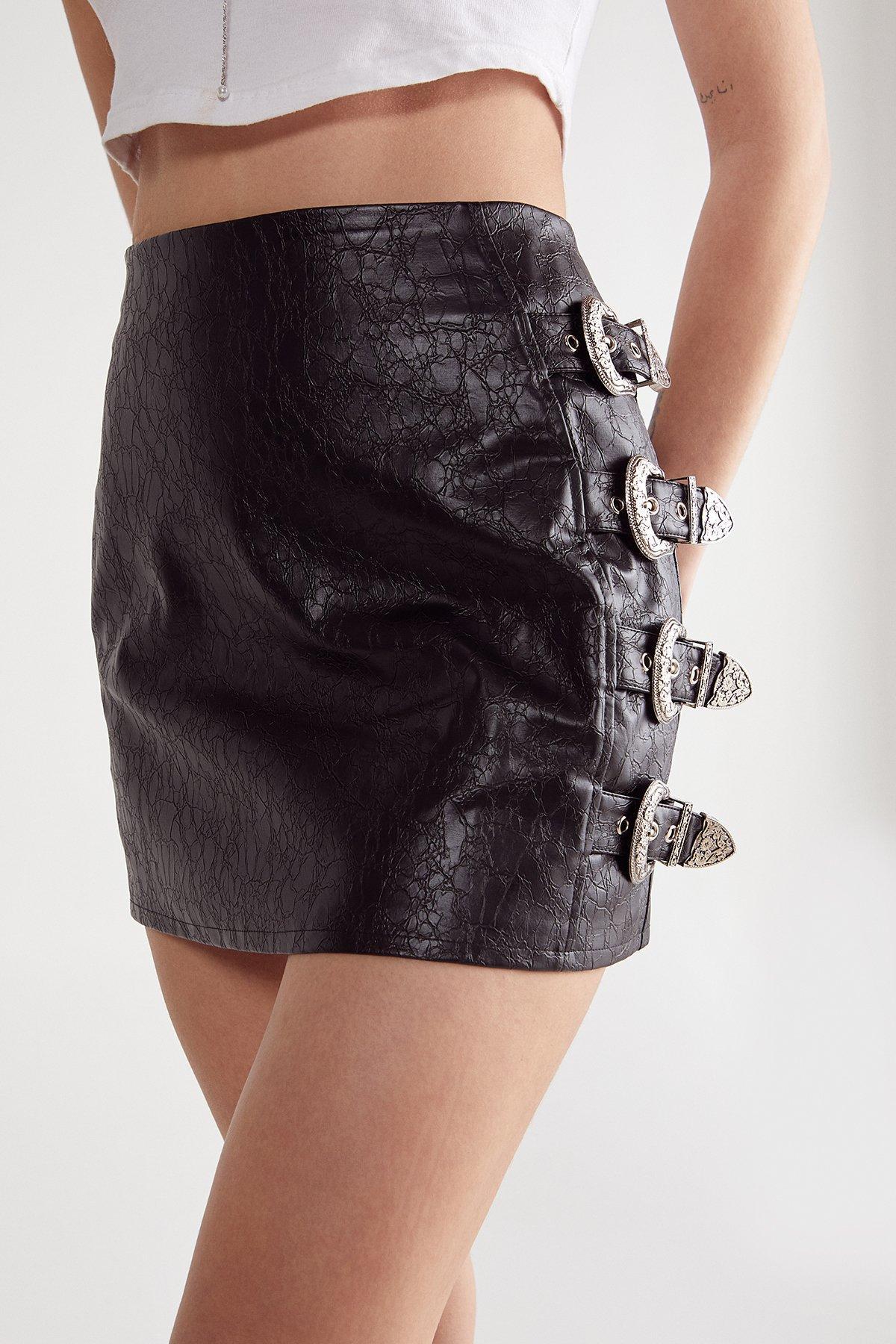 Distressed Faux Leather Buckle Detail Skirt Product Image