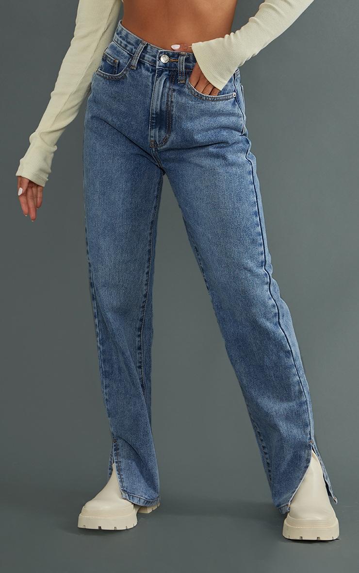 Petite Mid Blue Wash Split Hem Jeans Product Image