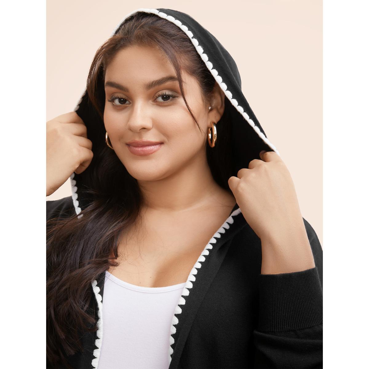 Plus Size Supersoft Essentials Contrast Trim Hooded Cardigan Black Women Casual Loose Long Sleeve Everyday Cardigans BloomChic 18-20/2X Product Image