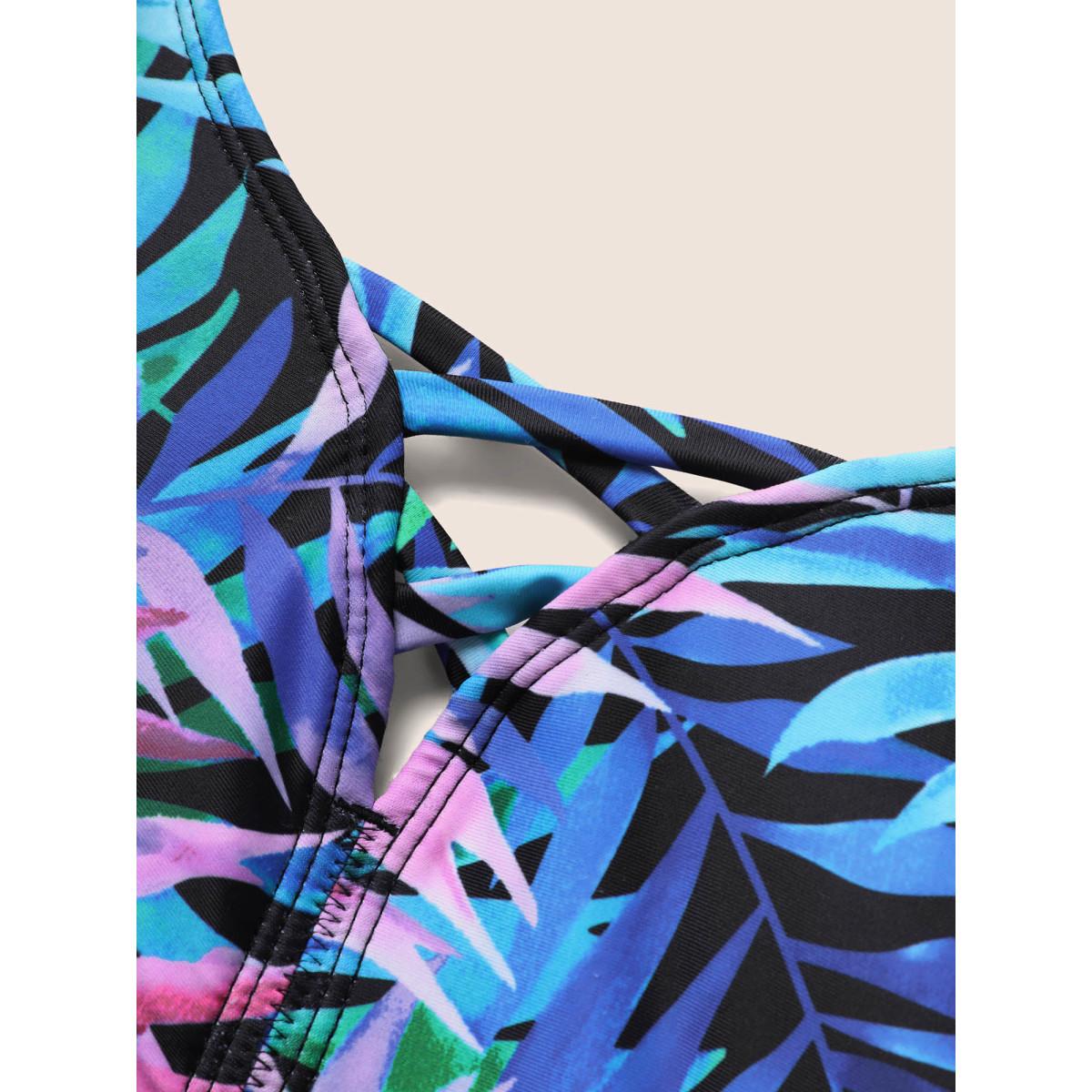 Plus Size Tropical Print Crisscross Split Hem Swim Dress Women's Swimwear Multicolor Beach Bodycon Heart neckline High stretch Curve Swim Dresses BloomChic 18-20/2X Product Image