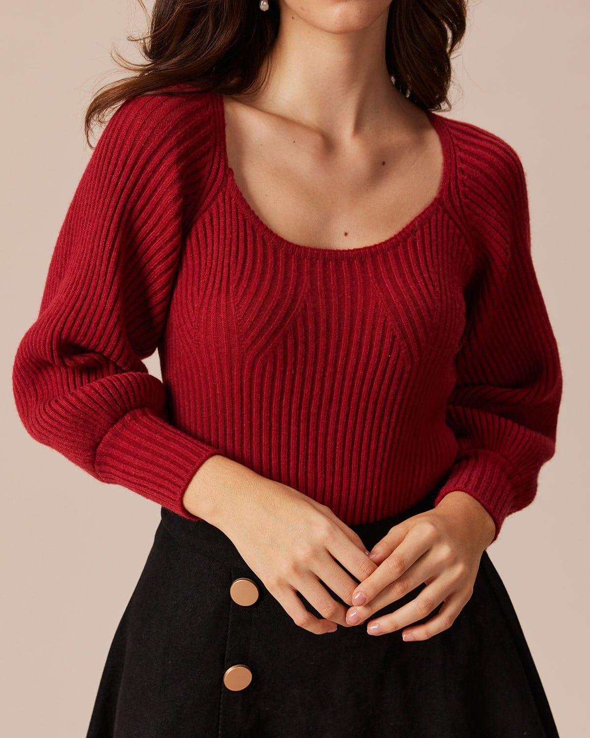 The Red Scoop Neck Lantern Sleeve Sweater Product Image