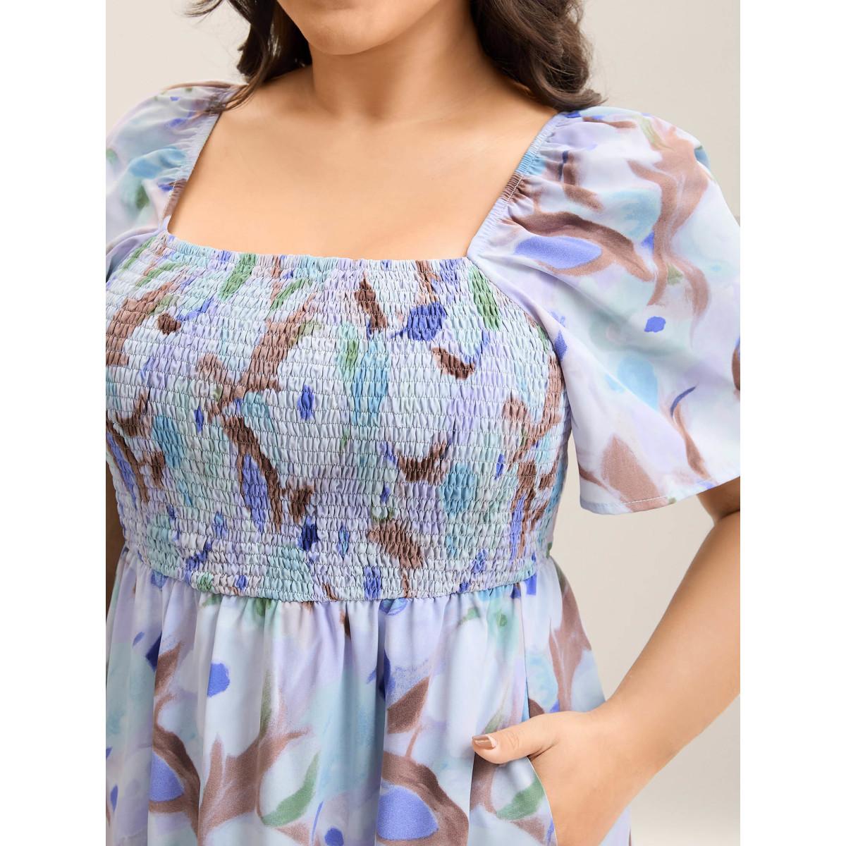 Plus Size Floral Pattern Shirred Pockets Midi Dress LightBlue Women Square Neck Short sleeve Curvy BloomChic 30/6X Product Image