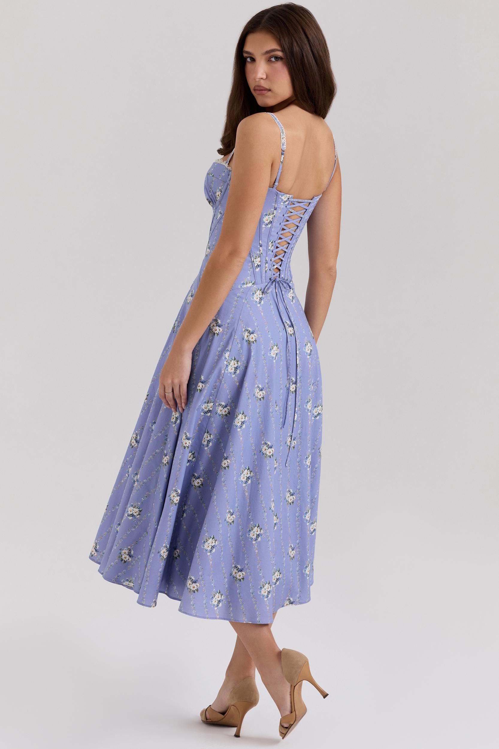Steffani  blue daisy print stretch cotton midi sundress Product Image