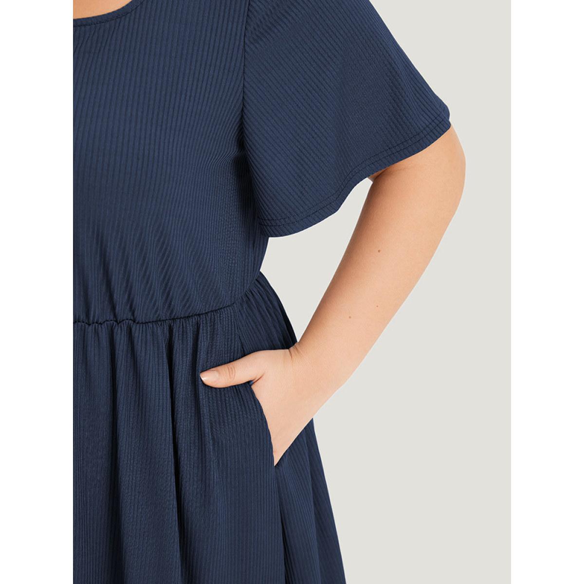 Plus Size Supersoft Essentials Plain Button Detail Ruffle Sleeve Gathered Square Neck Dress Indigo Women Casual Texture Square Neck Short sleeve Curvy Midi Dress BloomChic 28/5X Product Image