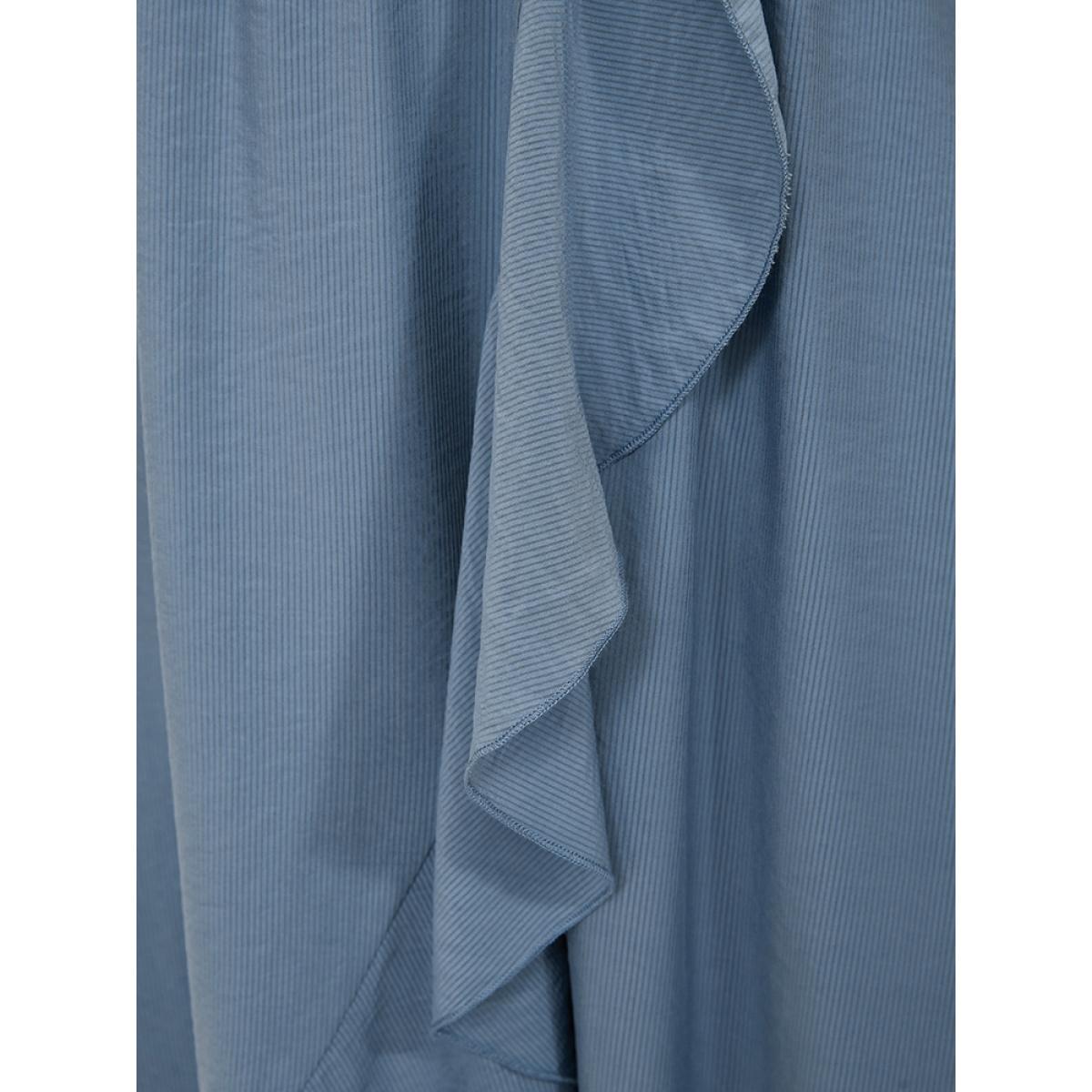 Plus Size Solid Keyhole Round Neck Pocket Ruffle Trim Rib Knit Dress Stone Women Elegant Cut-Out V-neck Short sleeve Curvy Midi Dress BloomChic 10/M Product Image