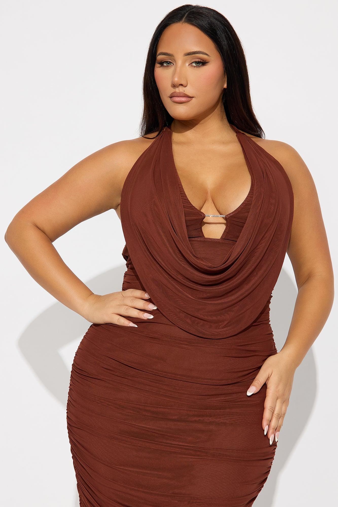 Julia Ruched Mesh Maxi Dress - Brown Product Image