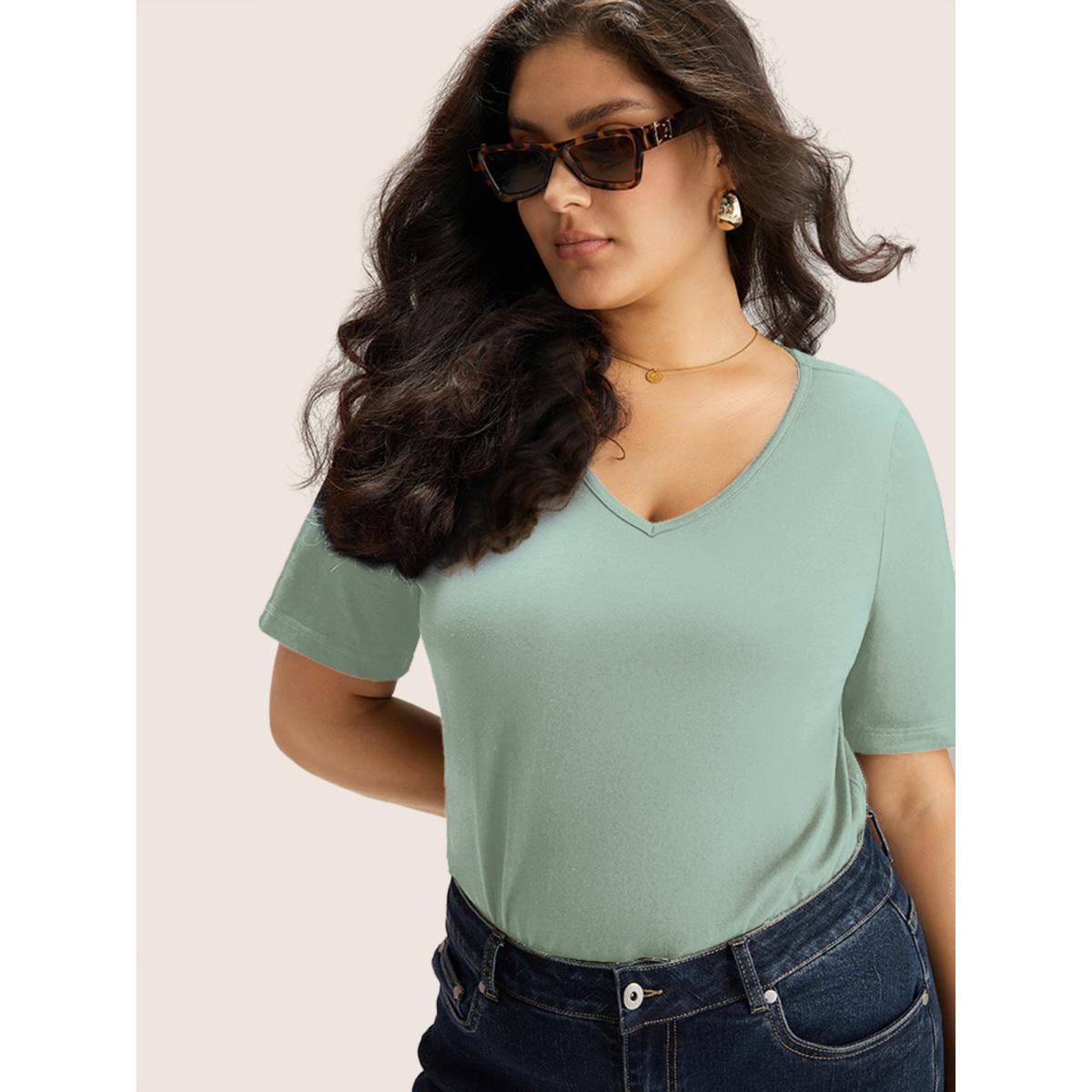 Plus Size Cotton V Neck Plain Basic T-shirt Palemauve Women Leisure Non Plain V-neck Casual T-shirts BloomChic 18-20/2X Product Image
