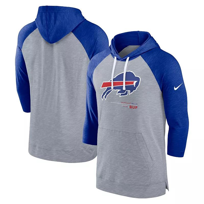Men's Nike Heather Gray/Heather Royal Buffalo Bills Raglan 3/4-Sleeve Pullover Hoodie, Size: 3XL, Grey Product Image