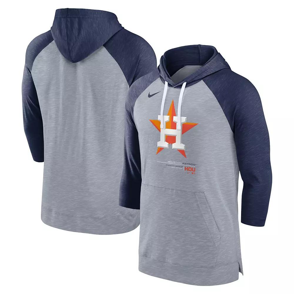 Mens Nike Heather Gray/Heather Navy Houston Astros Baseball Raglan 3/4-Sleeve Pullover Hoodie Product Image