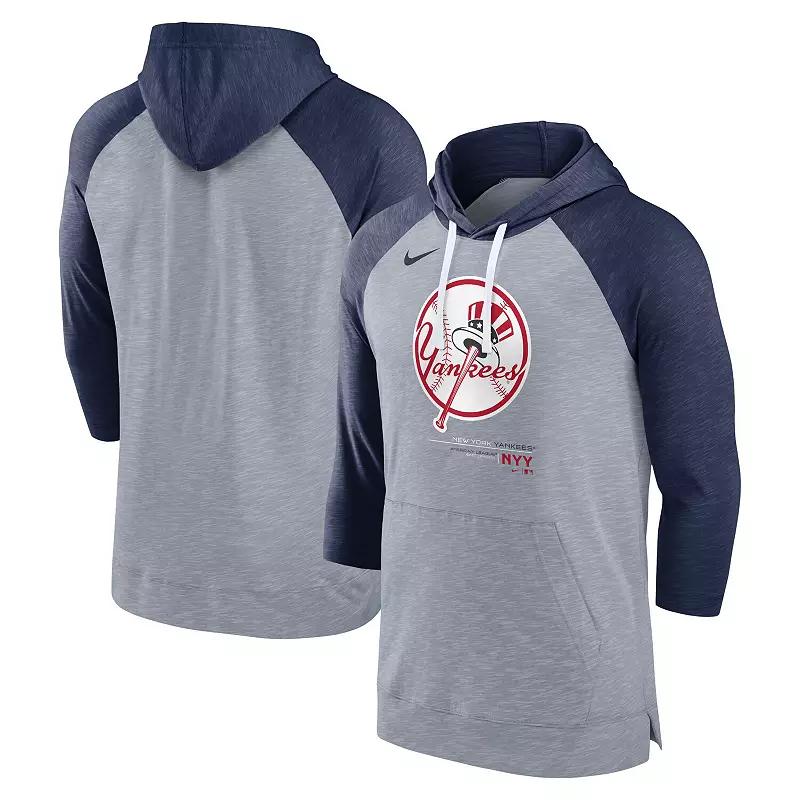 Men's Nike Heather Gray/Heather Navy New York Yankees Baseball Raglan 3/4-Sleeve Pullover Hoodie, Size: Small, Grey Product Image