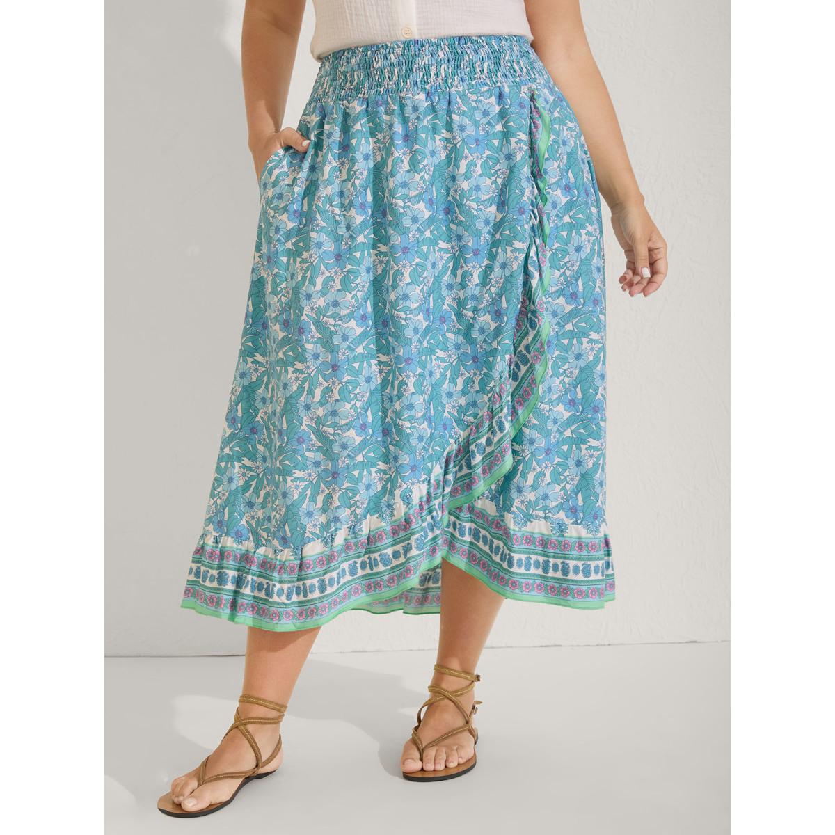Plus Size Floral Ruffled Wrap Midi Skirt Women Arctic Resort Shirred Loose No stretch Side seam pocket Vacation Skirts BloomChic 14-16/1X Product Image