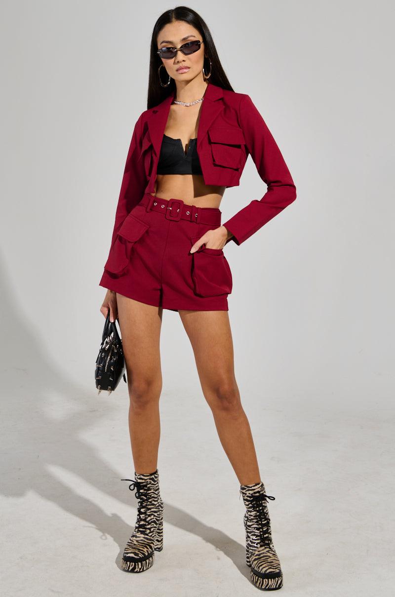 BETTER LUCK CROP BLAZER IN BURGUNDY Product Image