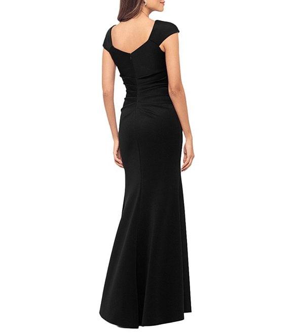 Xscape Asymmetrical Neckline Cap Sleeve Ruched Scuba Crepe Sheath Gown Product Image
