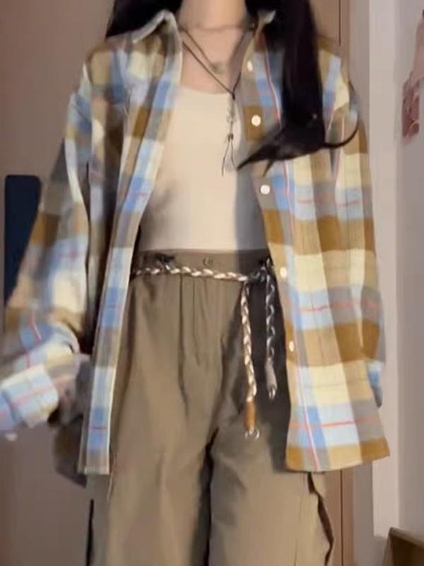 Vintage Contrast Plaid Print Long Sleeve Blouse Product Image