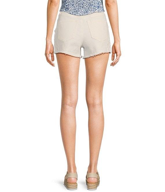 Prosperity Denim Mid Rise Crocheted Detail Frayed Hem Denim Shorts Product Image