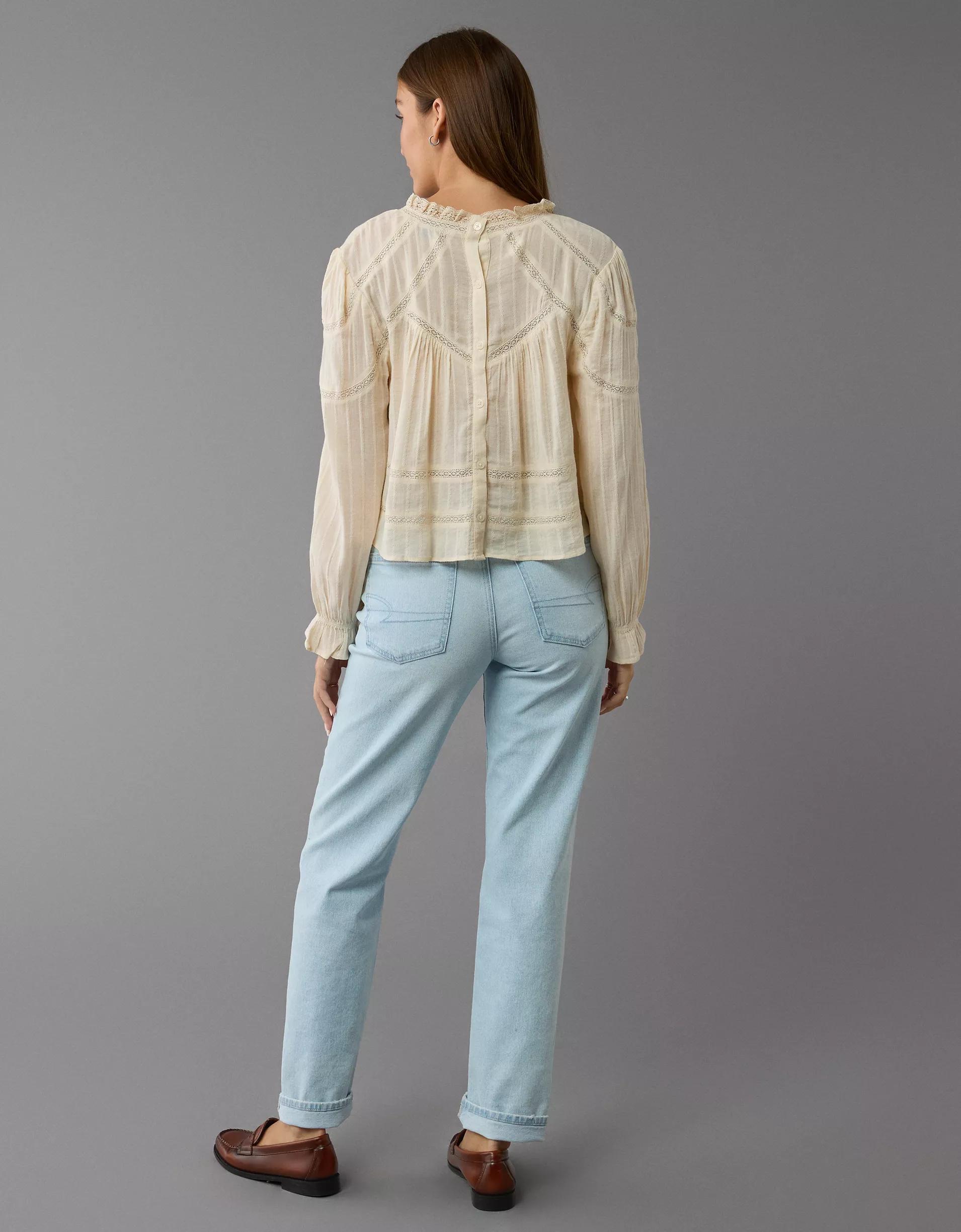 AE Long-Sleeve High Neck Lace Babydoll Top Product Image