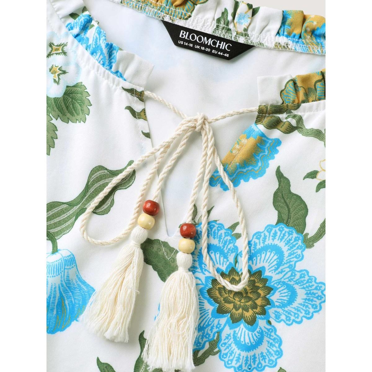 Plus Size Floral Print Beaded Tassel Neck Midi Dress WhiteSmoke Women Boho Tie knot Flat collar with V-notch Elbow-length sleeve Curvy BloomChic 12/L Product Image