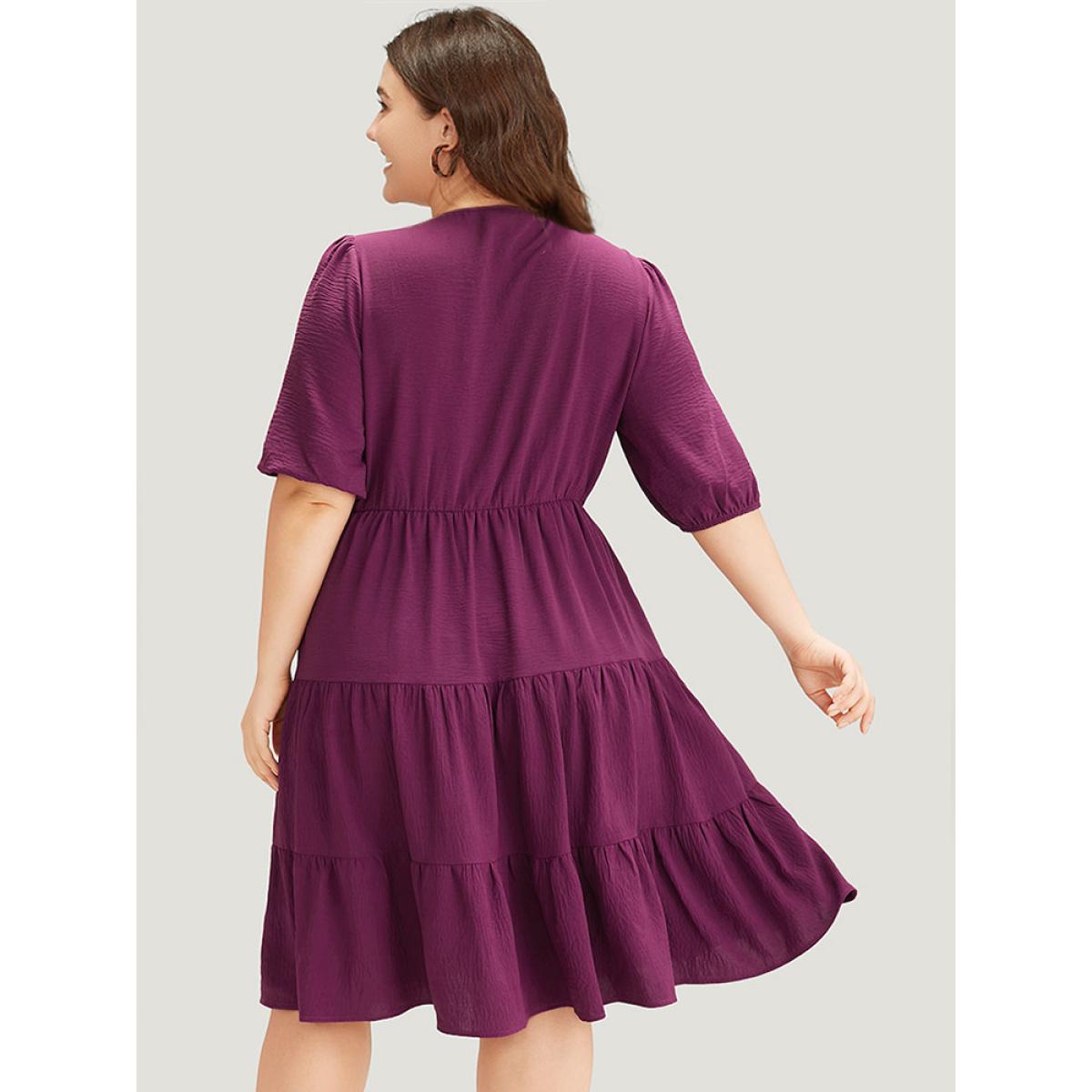Plus Size Solid Shirred Pocket Frill Trim Layered Dress Purple Women Elegant Plain V-neck Short sleeve Curvy Midi Dress BloomChic 18-20/2X Product Image
