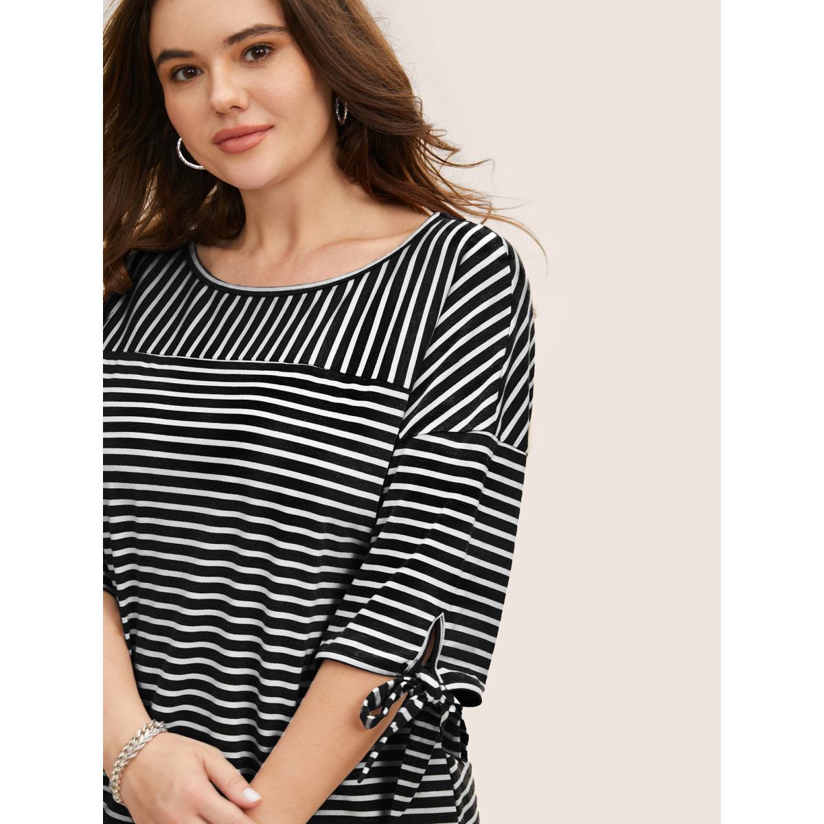 Plus Size Striped Boat Neck Tie Knot T-shirt Black Women Leisure Tie knot Boat Neck Casual T-shirts BloomChic 10/M Product Image