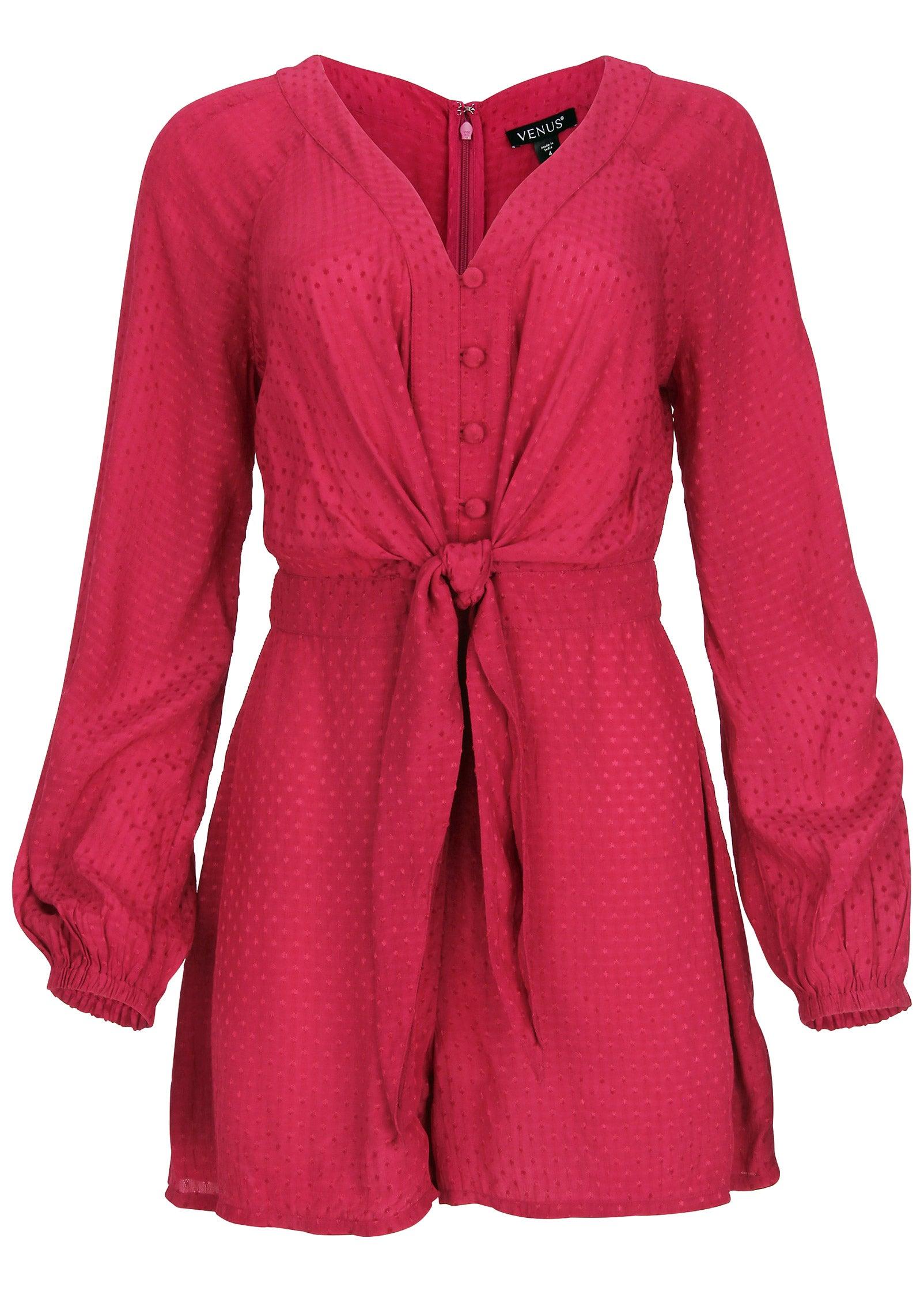 Swiss Dot Tie-Front Romper - Red Product Image