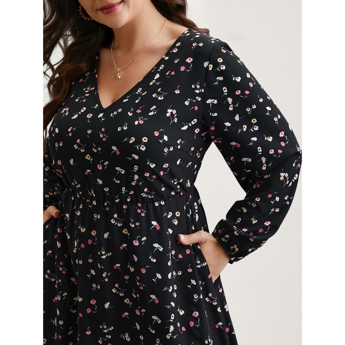 Plus Size Floral Print V-Neck Waist-Defined Midi Dress BlackFlower Women Timeless Non V-neck Long Sleeve Curvy BloomChic 18-20/2X Product Image