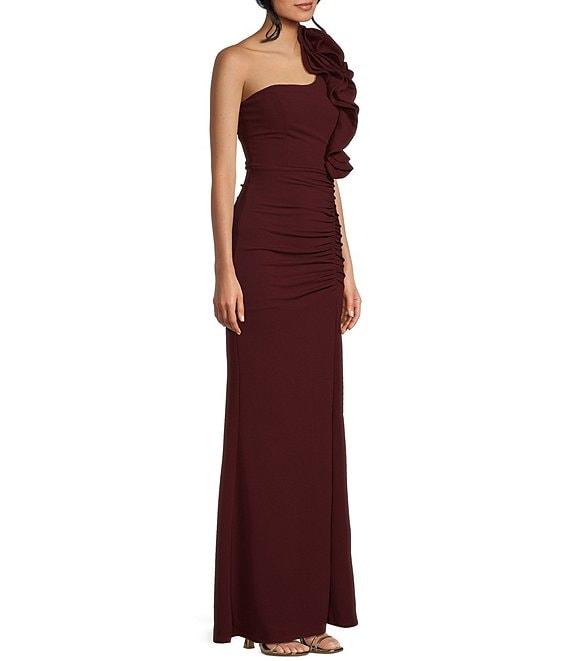 Honey and Rosie One Shoulder Ruffle Ruched Side Slit Long Dress Product Image