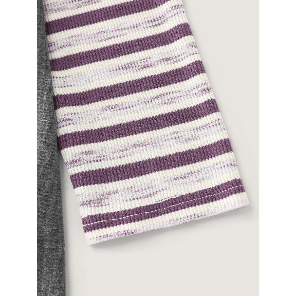 Plus Size Stripe Raglan Sleeve Round Neck T-Shirt DimGray Women Leisure Contrast Flat collar with V-notch Casual T-shirts BloomChic 14-16/1X Product Image