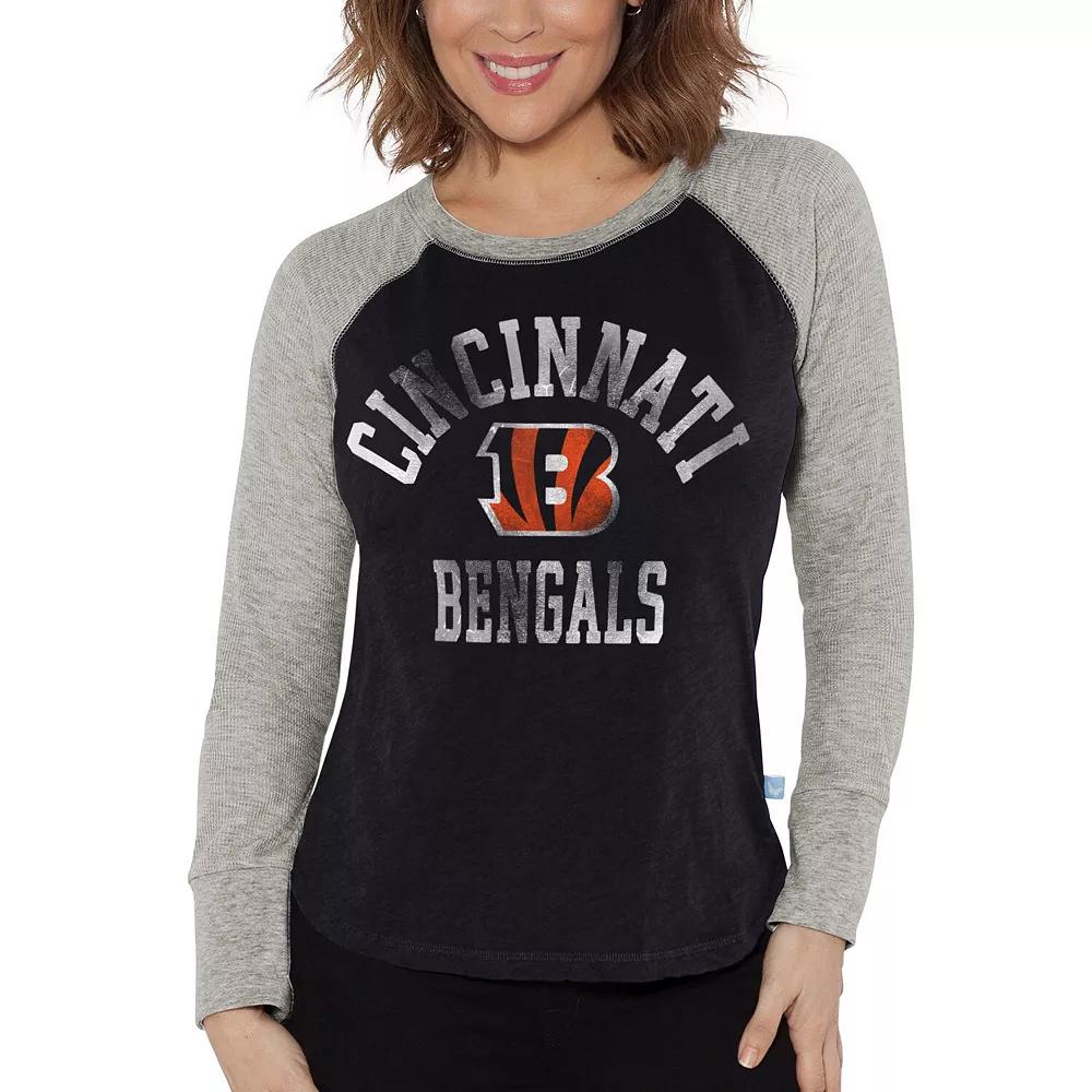 Women's G-III 4Her by Carl Banks Black/Heather Gray Cincinnati Bengals Waffle Knit Raglan Long Sleeve T-Shirt,  Product Image